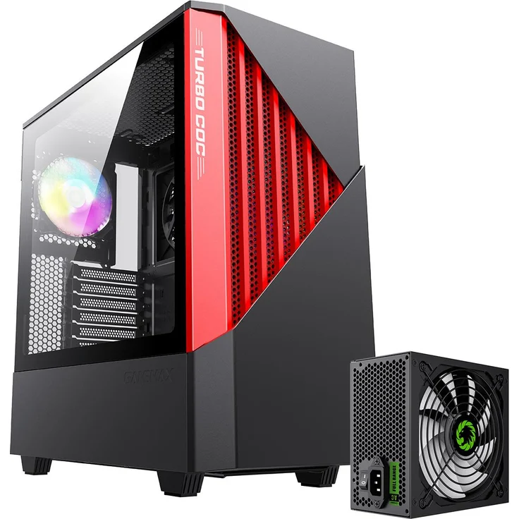 GameMax Contac COC BR Midi-Tower schwarz-rot, Panorama-Glasdesign, 2x USB 3.0, inkl. GP-750 Netzteil 750W 80+ Bronze