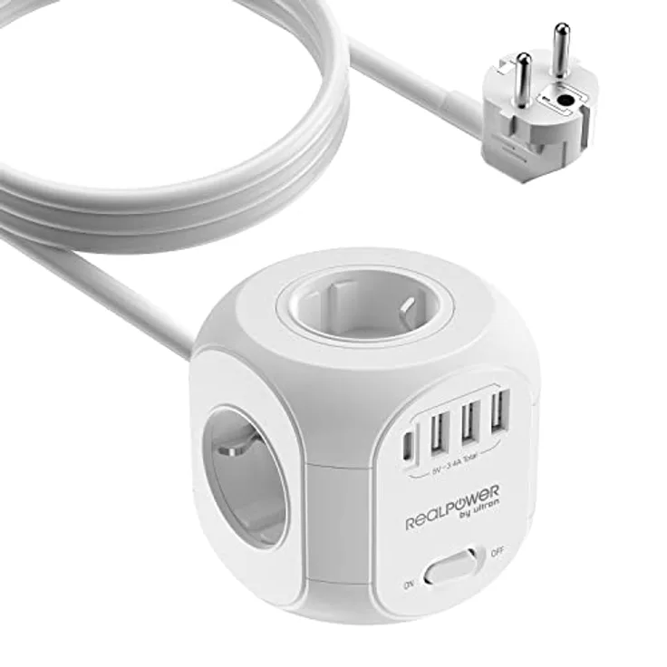RealPower Mehrfachsteckdose mit USB, 4Fach Stecker mit 3 USB und 1 USB C, Cube Steckdosenleiste, 15 Watt Ladegerät - Weiß