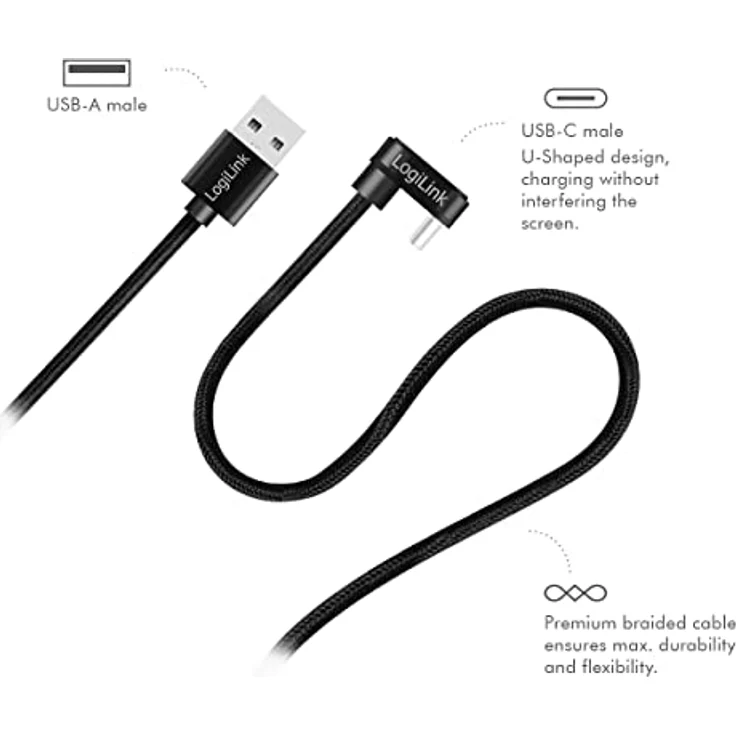 LogiLink USB 2.0 Typ-C Anschlusskabel, USB-C Stecker (180° gewinkelt) zu USB-A Stecker (gerade), Farbe: Schwarz, 2 m – Bild 5