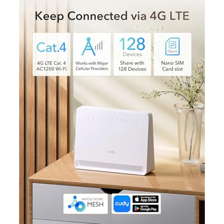 Cudy LT500E 4G LTE Cat 4 Modem-Router mit SIM-Kartensteckplatz, AC1200 WiFi, OpenVPN, Wireguard, IPsec, VPN-Client, Antennen Interno, Mesh – Bild 2