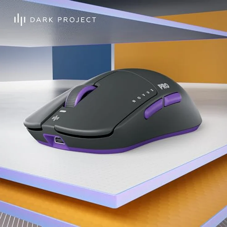 Dark Project Novus Pro Wireless Gaming-Maus, ultra-leicht mit 48g, PixArt PAW3395 Sensor, 26K DPI, 8K Hz Abtastrate, 6 programmierbare Tasten, bis zu 70 Stunden Akkulaufzeit, Schwarz/Lila – Bild 2
