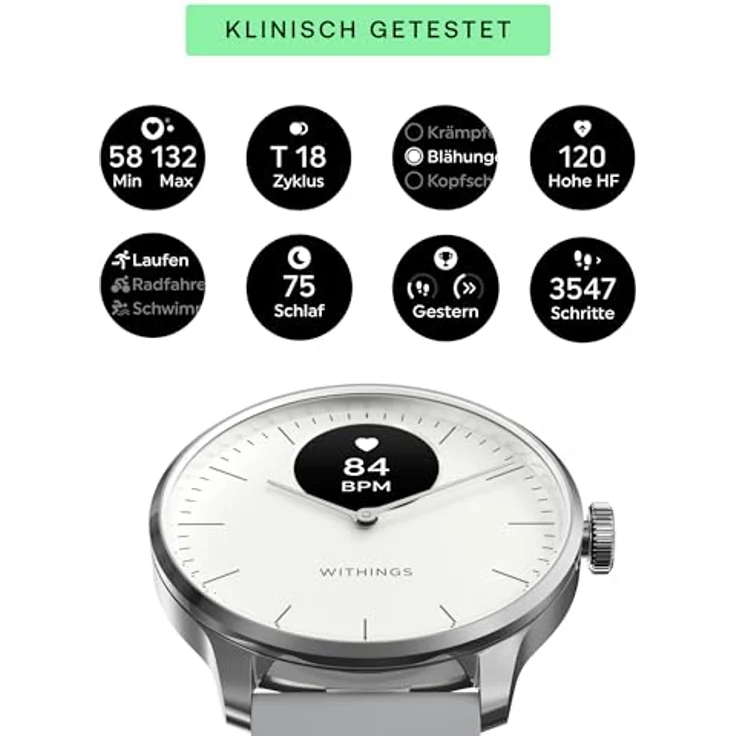 Withings ScanWatch Light, Hybrid-Smartwatch, 24-Stunden-Überwachung der Herz-Kreislauf-Gesundheit, Menstruationszyklus-Tracker, Schlaf- und Aktivitätstracker, 30 Tage Batterie, kompatibel mit Android, Weiß und Grau – Bild 2