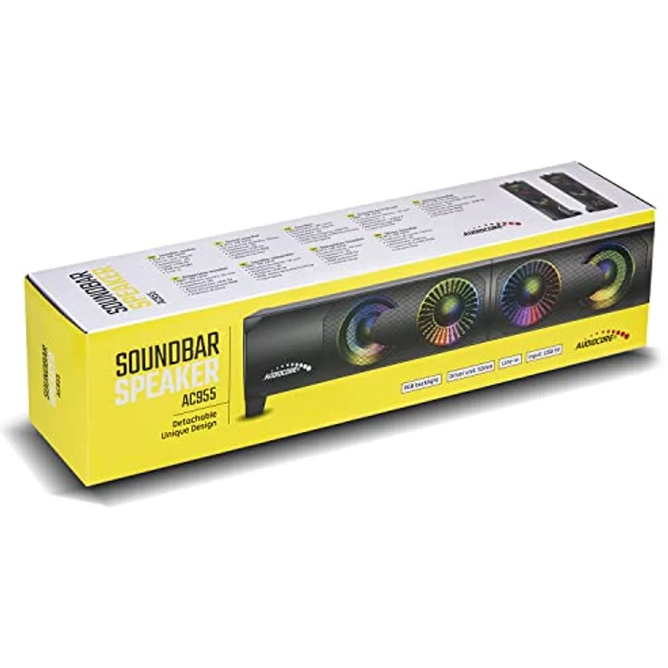 Audiocore AC955, 2 in 1 2.0 PC-Lautsprecher mit Soundbar Funktion, RGB-Hintergrundbeleuchtung, 2x3W RMS, AUX, USB-Stromversorgung – Bild 2
