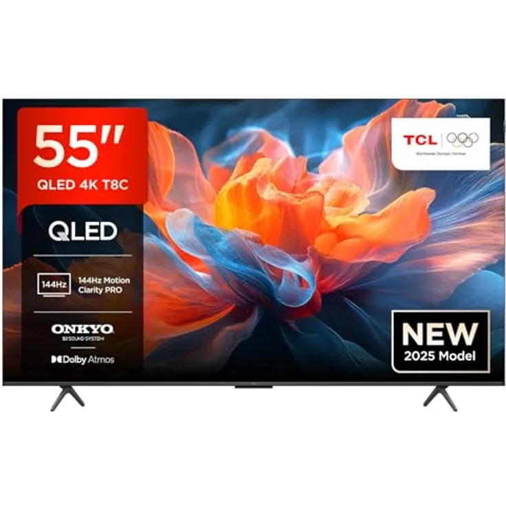 TCL 55T8C, 55 Zoll QLED 4K HDR UHD Fernseher mit Dolby Vision, Atmos, 144Hz Motion Clarity Pro, FreeSync und Onkyo 2.1 Sound, Smart Google TV, Sprachsteuerung, kompatibel mit Google Assistant