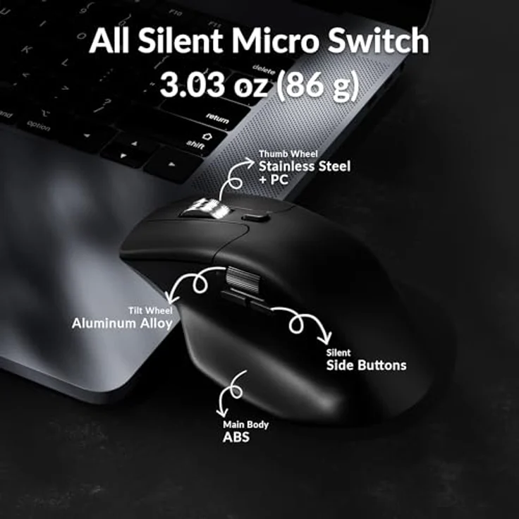 Keychron M6 Silent, Ergonomische drahtlose optische Maus mit 1000 DPI, leisen Klicks und programmierbaren Tasten, schwarz – Bild 6