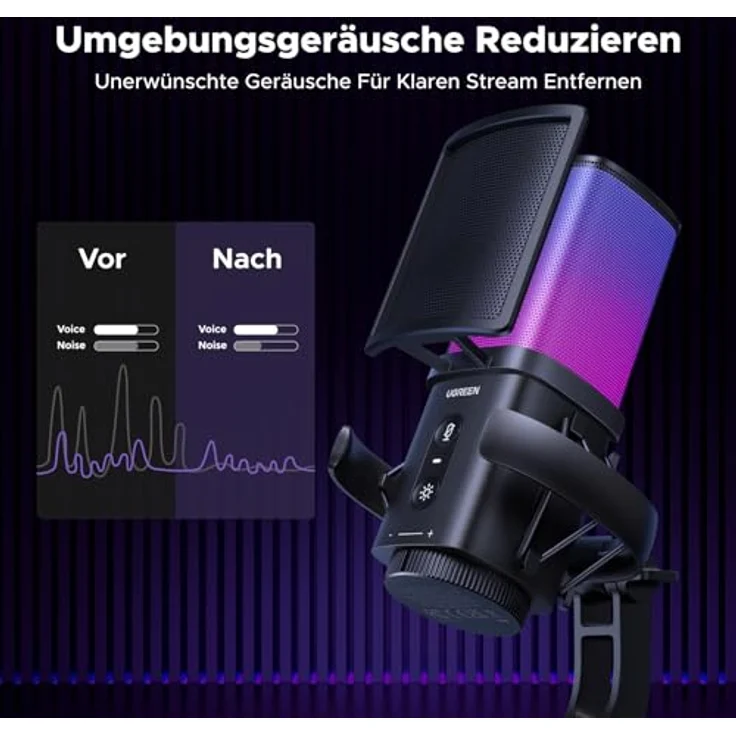 UGREEN Gaming Mikrofon USB, 96kHz/24bit mit DSP-Rauschunterdrückung, RGB-Beleuchtung, Plug and Play für PC, Laptop, Streaming und Podcasting – Bild 4