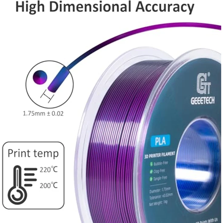 GEEETECH Silk PLA Filament 1,75mm, Tricolor Silk Blau Lila Schwarz, 1KG Spule für 3D-Druck, hochpräzise und verzugsfrei – Bild 3