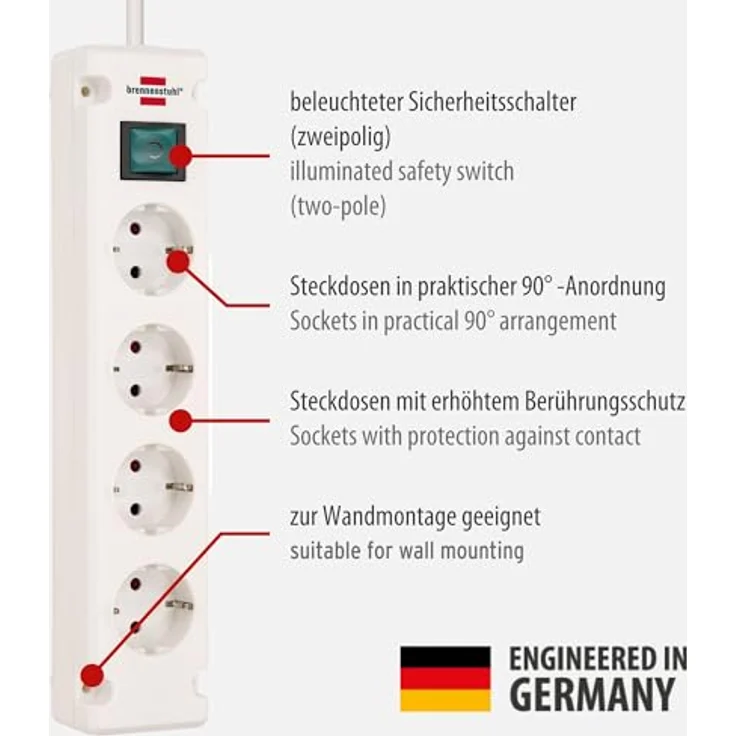 Brennenstuhl Bremounta Steckdosenleiste 4-fach (Mehrfachsteckdose mit 90 Grad Steckdosen, Steckerleiste mit Befestigungsmöglichkeit und 1,5m Kabel) weiß – Bild 2