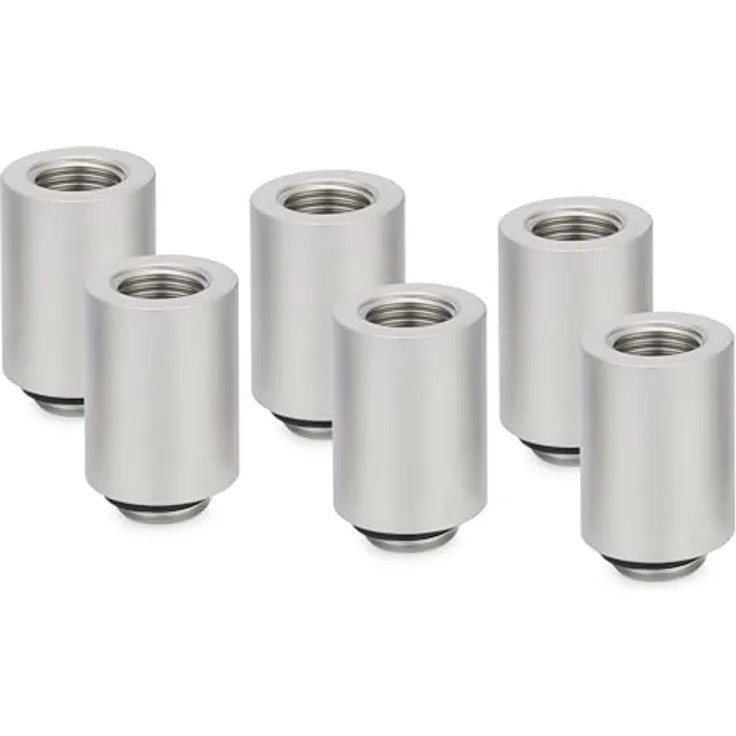 Thermal Grizzly DeltaMate Extender MF28, 6er Pack Verlängerungsfitting 28mm, matt nickel, CNC-gefräßtes Messing, G1/4 Zoll Außen- & Innengewinde für modulare Wasserkühlungssysteme