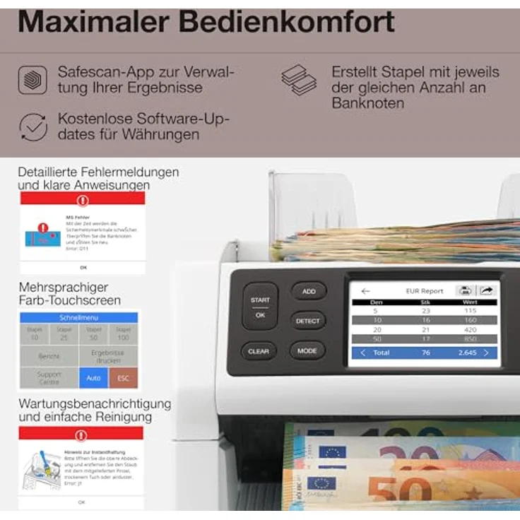 Safescan Banknotenzähler 2865-SC, 100% Falschgelderkennung, bis zu 1.200 Banknoten/min, inkl. Bluetooth App – Bild 6