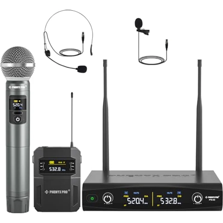 Phenyx Pro PTU-52-1H1B, Dual UHF Funkmikrofon-Set mit 30 Frequenzen, Handmikrofon und Bodypack, robuste Bauweise – Bild 2