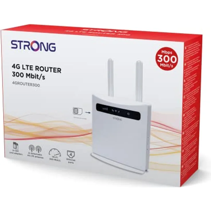 STRONG 4G Router 300V2 LTE Router LTE bis zu 150 Mbit/s WLAN bis zu 300 Mbit/s 2.4 GHz 4 x LAN 2 x SIM-Karten Adapter