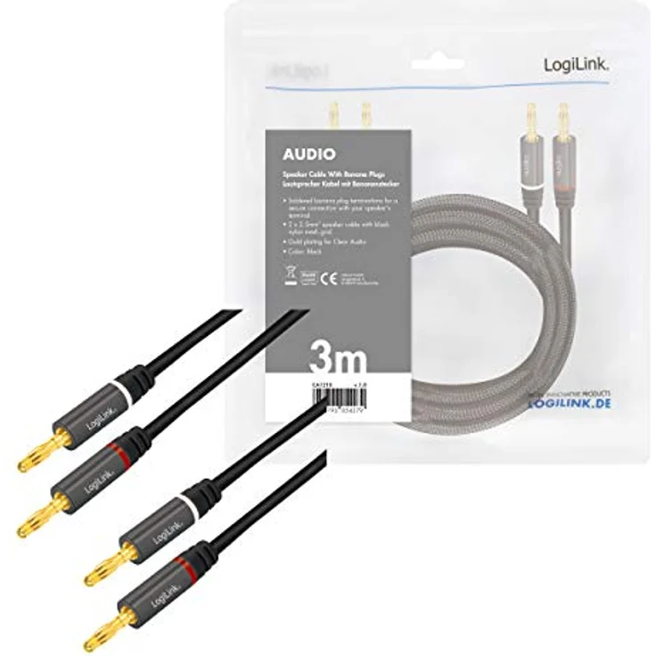 LogiLink CA1210 - Lautsprecherkabel 2x 2 Bananenstecker mit vergoldeten Kontakten, Farbcodierung und Nylon Aussengeflecht, 3m – Bild 5