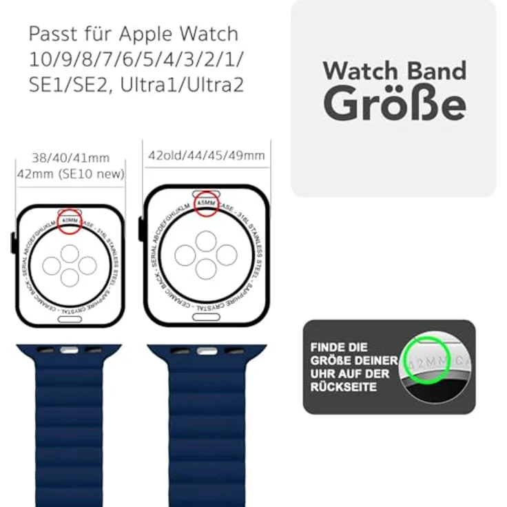 NALIA Core Magnet Armband für Apple Watch Series Ultra/SE/10/9/8/7/6/5/4/3/2/1, Atmungsaktives Silikon Loop mit Rillendesign, Marineblau, 42/44/45/46/49mm – Bild 4
