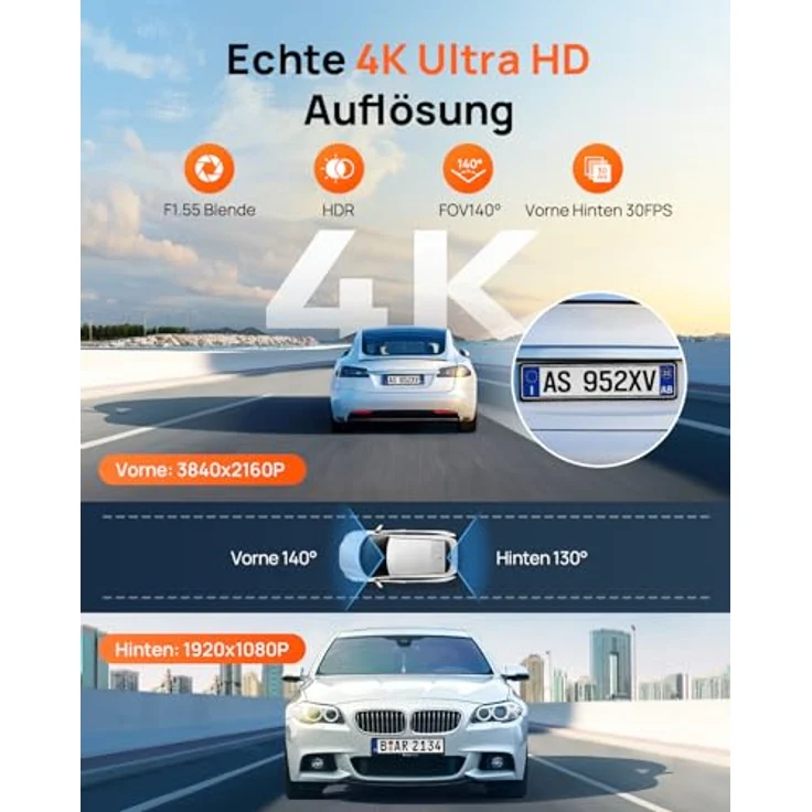 70mai A800SE Dashcam, 4K HDR 2160P + 1080P, Dual Autokamera mit 128GB SD-Karte, Nachtsicht, 210Sek. Puffer-Notfallaufzeichnung, Parküberwachung, max. 512GB – Bild 2