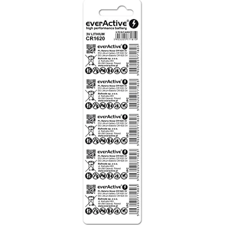 everActive CR1620 3V, 5X Lithium Knopfzelle Batterien, leistungsstärkste Batterie, 10 Jahre Haltbarkeit, 5 Stück -1 Blisterkarte – Bild 2