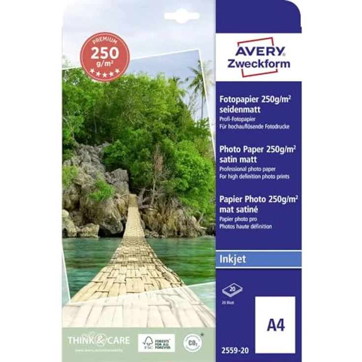 AVERY Zweckform 2559-20 Premium Inkjet Fotopapier (A4, einseitig beschichtet, seidenmatt, 250 g-m², 20 Blatt) – Bild 2