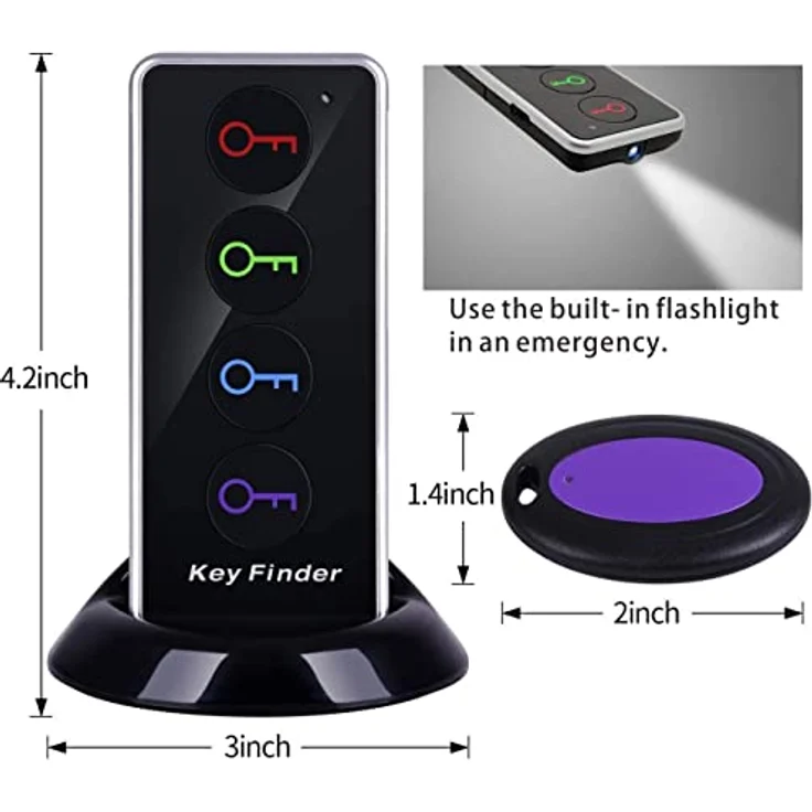 Reyke Schlüsselfinder Key Finder, Drahtloser RF-Gegenstandsfinder mit 4 Empfängern, LED-Taschenlampe und 80 dB Signalton, bis zu 40 m Reichweite – Bild 2
