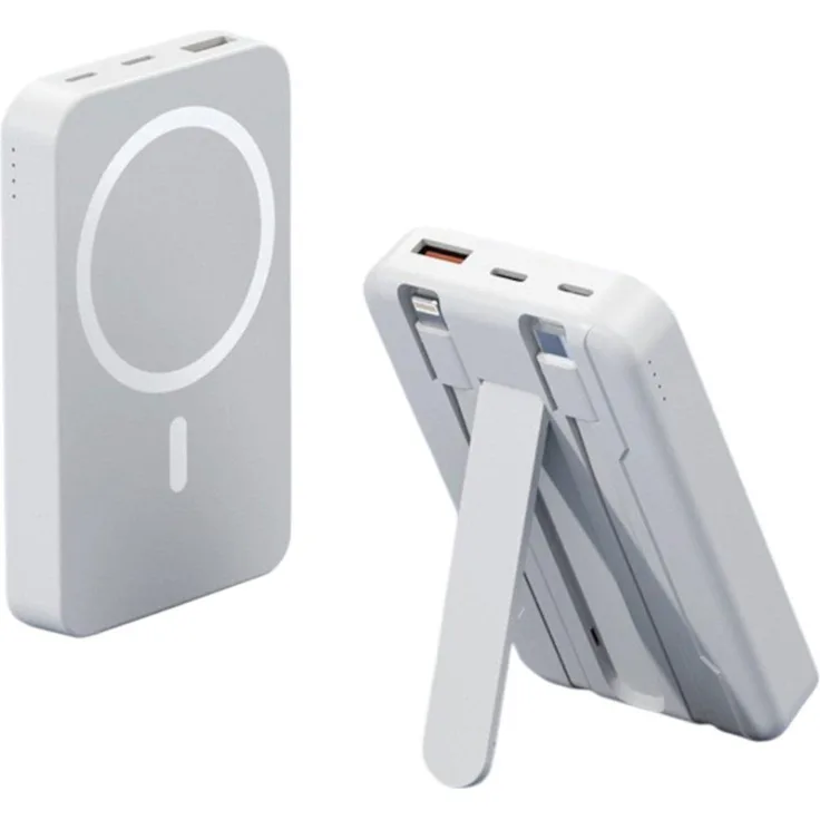 ENGELMANN Magnetic Powerbank 10.000 mAh, integrierte Lightning- und USB-C-Kabel, 22,5W Schnellladen, 15W Wireless Charging, Weiß