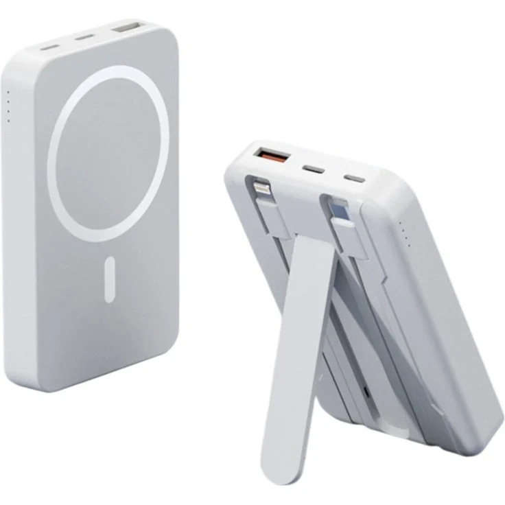 ENGELMANN Magnetic Powerbank 10.000 mAh, integrierte Lightning- und USB-C-Kabel, 22,5W Schnellladen, 15W Wireless Charging, Weiß