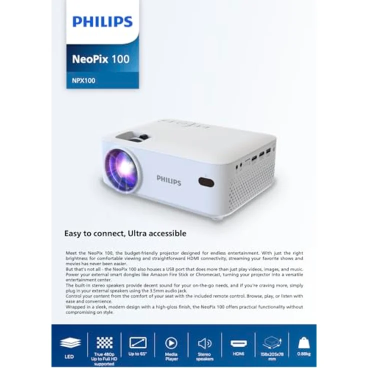 Philips NeoPix 100, Videoprojektor mit WVGA, 80 lm, HDMI und USB Anschluss, Weiss – Bild 9