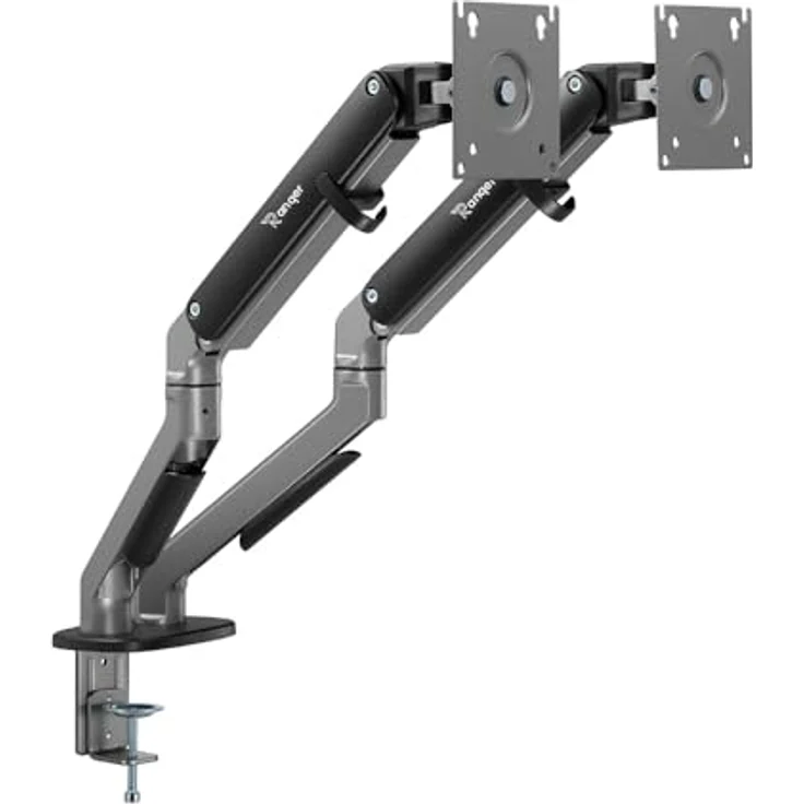 Ranqer Monitorhalterung Arm Pro Dual, 2 Monitore 17-35 Zoll, VESA 75 & 100 mm, Höhenverstellbar, 360° Rotation, Kabelmanagement grau – Bild 1