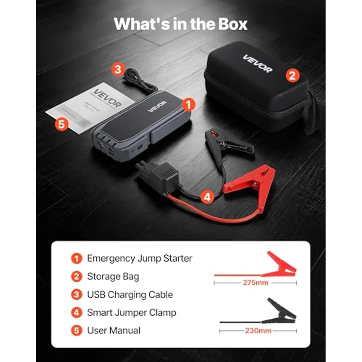 VEVOR Starthilfe Powerbank CP-F78, 1500A Spitzenstrom, LED-Taschenlampe, 10.000 mAh, für 6L Benzin/4L Diesel, tragbarer Booster mit Schnellladung & 12 Sicherheitsschutzfunktionen – Bild 7