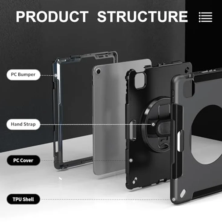 honju Rugged Case für iPad Air 11" (2026/2025) & 10,9" (2022/2020), robuste Schutzhülle mit drehbarer Handschlaufe, Kickstand und MIL-STD-810G Zertifizierung, Schwarz – Bild 5