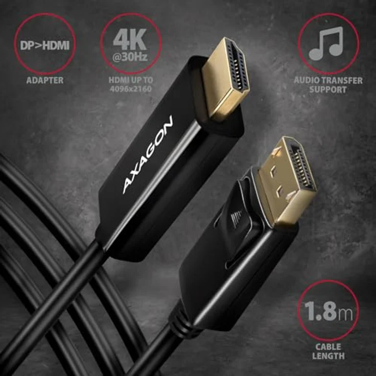 AXAGON RVD-HI14C2 DisplayPort zu HDMI Adapterkabel, 4K/30 Hz, 180 cm, schwarz – Bild 2