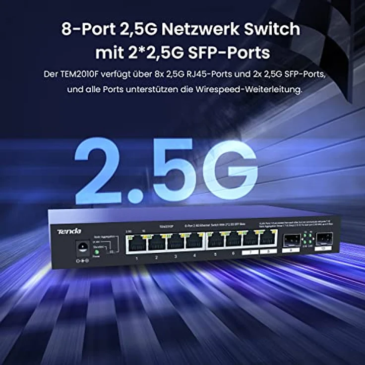 Tenda Switch 8 Port 2.5 Gigabit LAN Switch mit 2 SFP-Ports (VLAN, Statische Aggregation, Unmanaged, Plug-and-Play, Metallgehäuse) (TEM2010F) in Schwarz – Bild 2