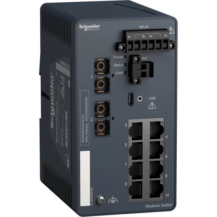 Schneider Electric MCSESM103F2CU0 MODICON Managed Netzwerk Switch mit 8 Ports, Gigabit Ethernet und 2 Glasfaseranschlüssen, kompakt und energieeffizient