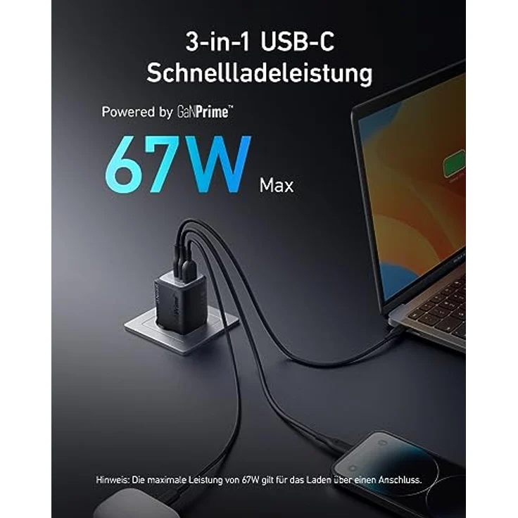 67W USB-C Ladegerät, Anker Prime GaN Netzteil, 3 Port PPS Schnellladegerät, Kompaktes klappbares Design, Kompatibel mit MacBook Pro/Air, Pixelbook, iPad Pro, iPhone 14/Pro, Galaxy S23, Note20 und mehr – Bild 2