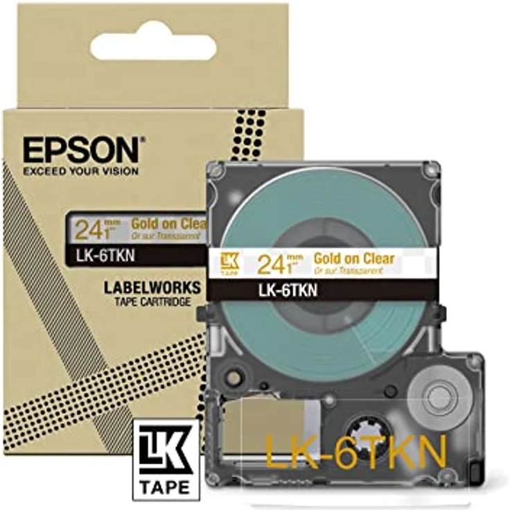 Epson Etikettenkassette, Metallicband LK-6TKN gold auf transparent, langlebiges Beschriftungsband für Epson LabelWorks Etikettendrucker, wasser- & verschleißfest, 9 m x 24 mm – Bild 1