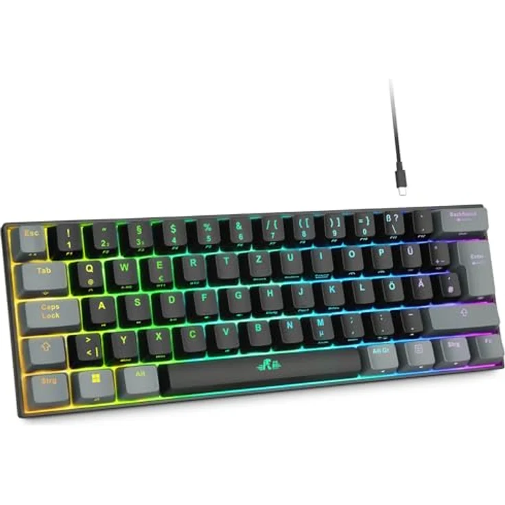 Rii Mechanische Gaming Tastatur, 60% Kabellos mit RGB Beleuchtung, Rote Schalter und N-Key Rollover für PC/Laptop/PS4/PS5, QWERTZ, Schwarz Grau (Bluetooth/2.4G/Kabel) – Bild 1