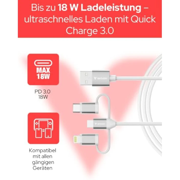 Verbatim USB-Kabel Essentials 3in1, USB 2.0, USB-A/USB-B/C & Lightning, 480Mbit/s, 18W QC, TPE, weiss, 1,0m – Bild 2
