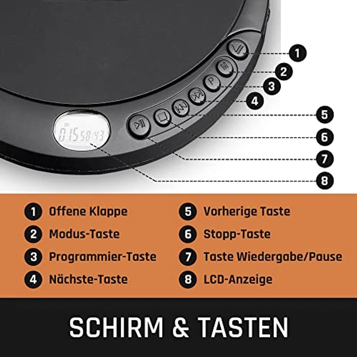 Lenco CD-Player CD-200 Discman mit LCD-Display, Batterie- und Netzfunktion, Inklusive Stereo-Kopfhörer, USB-Ladekabel Schwarz – Bild 5