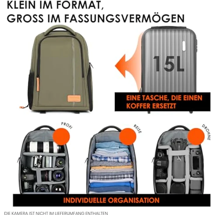 TARION Kamerarucksack, wasserdichter Fotorucksack für Spiegelreflexkameras, 15 Zoll Laptopfach, leicht und kompakt, grün – Bild 3
