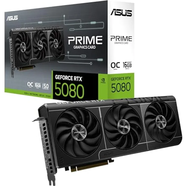 ASUS Prime GeForce RTX 5080 OC Edition 16GB GDDR7 Gaming Grafikkarte (Nvidia GeForce RTX5080, SFF-Ready, PCIe 5.0, 1x HDMI 2.1b, 3x DisplayPort 2.1a, Vapor Chamber, Dual-BIOS-Schalter, PRIME-RTX5080-O16G)