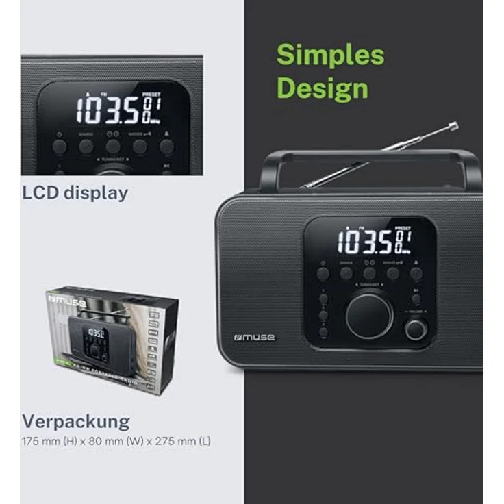 Muse M-091 R Tragbares Radio (UKW-MW) mit Senderspeicher, Uhr- und Weckfunktion, Netz- und Batteriebetrieb, AUX-Eingang, Kopfhörer-Anschluss, schwarz – Bild 4