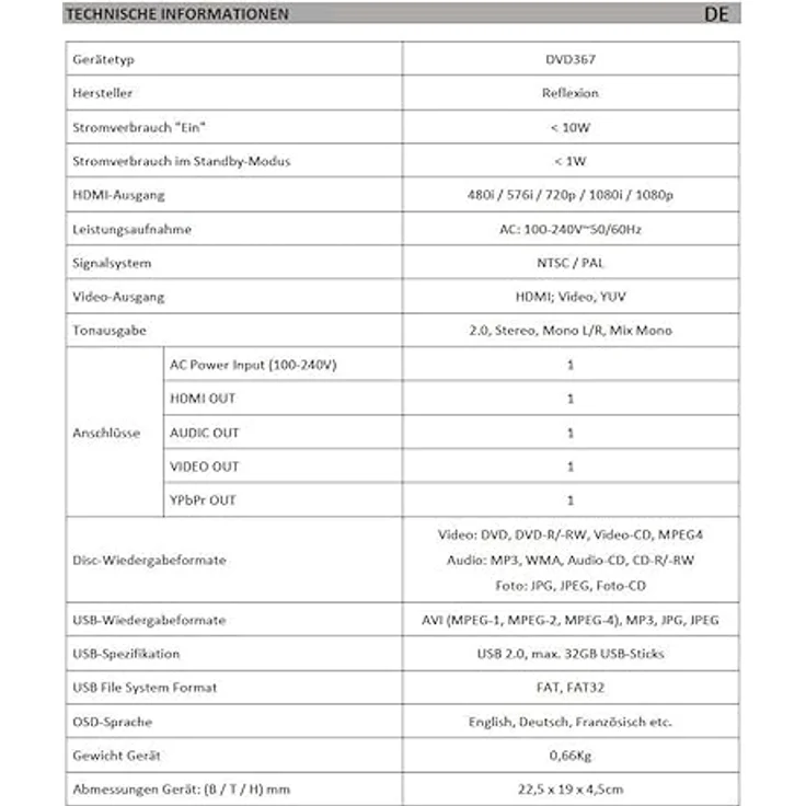 Reflexion DVD367 DVD-Player (Full HD, mit Display, HDMI, Fernbedienung und CD Kopierfunktion auf USB) – Bild 5