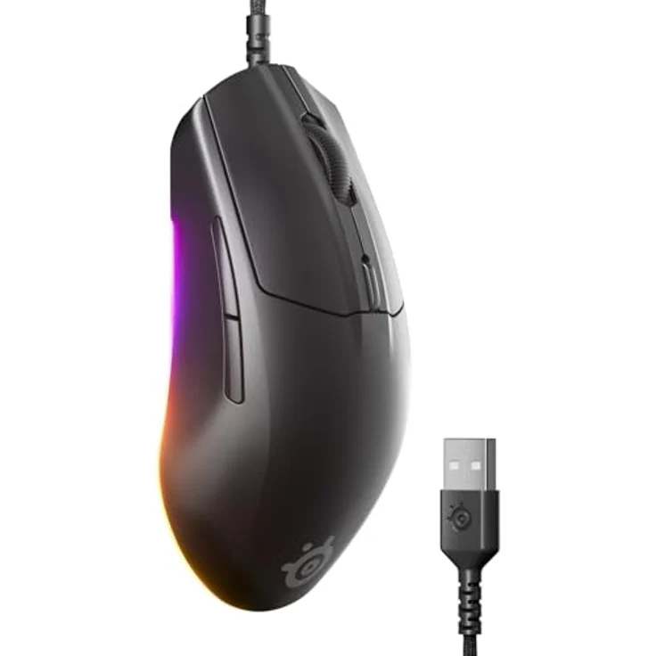 SteelSeries Rival 3 Gen 2, Gaming-Maus mit 8.500 DPI TrueMove Core-Optiksensor, 60 Millionen Klicks, niedrige Latenz, 77 g leicht, RGB-Beleuchtung, schwarz – Bild 1