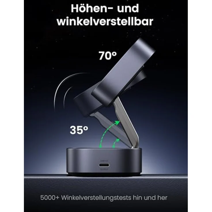UGREEN MagFlow 2 in 1 iPhone Ladestation mit MagSafe faltbarem Wireless Charger für iPhone 16/16 Pro/16 Pro Max/15/14/13/12, AirPods, Winkel-Einstellbarem Ladeständer, 1M Kabel, in Schwarz – Bild 4
