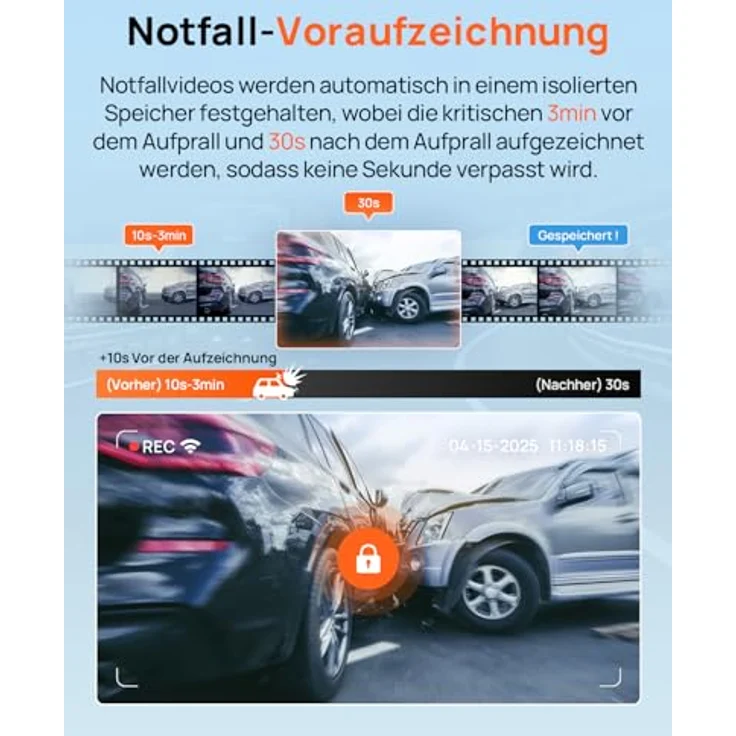 70mai A800SE Dashcam, 4K HDR 2160P + 1080P, Dual Autokamera mit 128GB SD-Karte, Nachtsicht, 210Sek. Puffer-Notfallaufzeichnung, Parküberwachung, max. 512GB – Bild 5