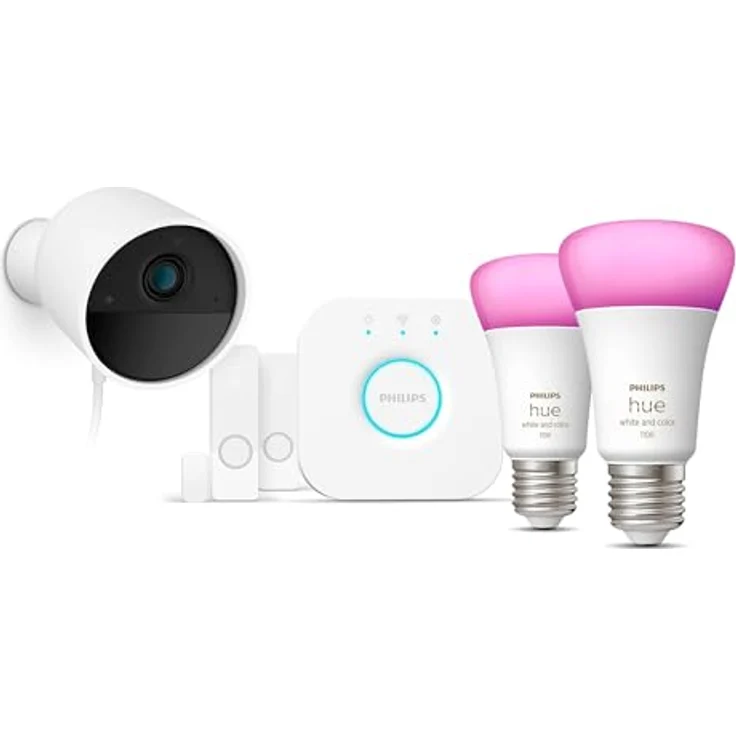 Philips Hue Secure Starter Kit, Hue Secure kabelgebundene Kamera, Hue Kontaktsensoren, Hue E27 White & Color Amb. Lampen, Hue Bridge, einfach zu installieren, Zwei-Wege-Gespräch, per Hue App steuerbar – Bild 3