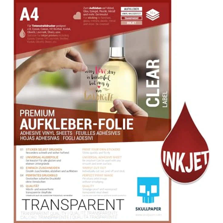 SKULLPAPER® Klebefolie Vinylfolie zum aufkleben und selbst gestalten - für Inkjet Tintenstrahldrucker (Transparent) – Bild 1