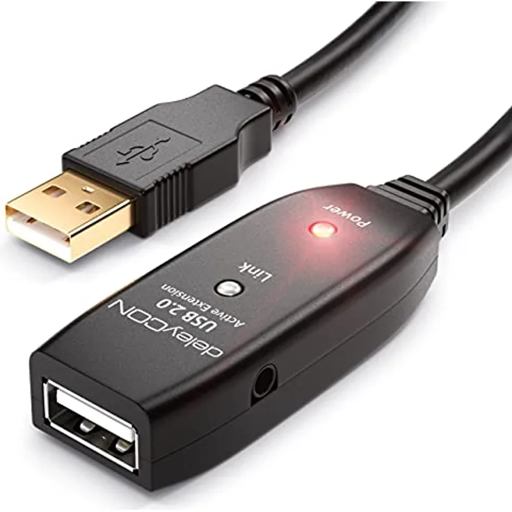 deleyCON 15m USB 2.0 Verlängerungskabel Repeater-Kabel Aktiv mit 2 Signalverstärker Extension Cable USB-A auf USB-A Buchse - Schwarz, bis zu 20 Meter Kabellänge, Plug & Play