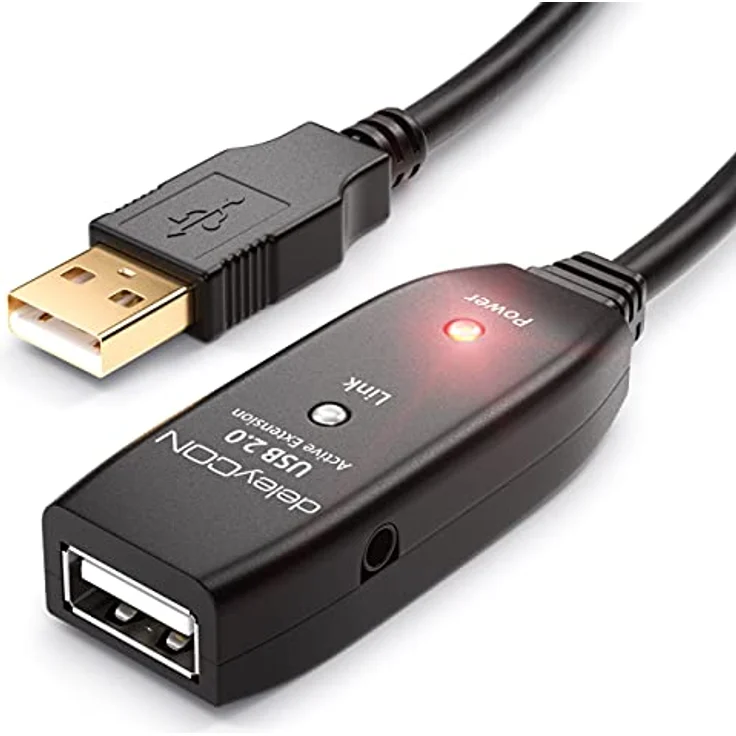 deleyCON 20m USB 2.0 Verlängerungkabel Repeater-Kabel Aktiv mit 2 Signalverstärker Extension Cable USB-A auf USB-A Buchse - Schwarz – Bild 1