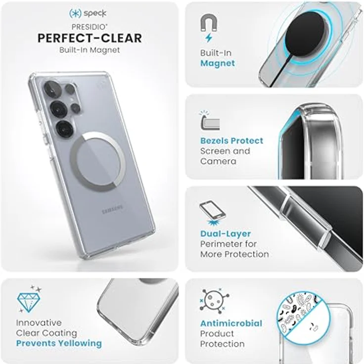 Speck Samsung Galaxy S25 Ultra Hülle – Presidio Perfect-Clear, 3,5 m Fallschutz, Anti-Vergilbung, Magsafe-Raised Bezel & Enhanced Buttons, transparent/chrom – Bild 2
