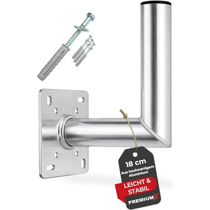 Premium X 18cm Wandhalter SAT ALU Halterung, witterungsbeständig mit Fischer Schraubensatz und Kabeldurchführung – Bild 1