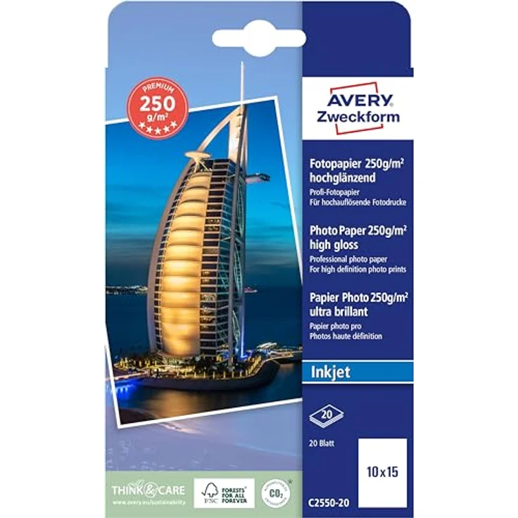 AVERY Zweckform Art. C2550-20 Premium Inkjet Fotopapier (20 Blatt, 250 g/m², 10x15cm, hochglänzende Fotokarten, einseitig beschichtet, sofort trocken & wischfest, Fotoblätter für Inkjet-Drucker) weiß – Bild 1